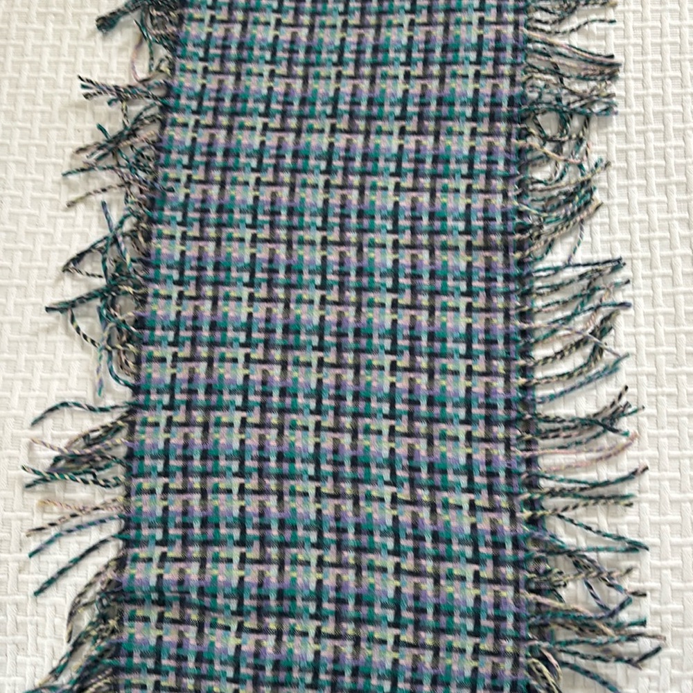 Cashmink blue/pink tartan fringe scarf.